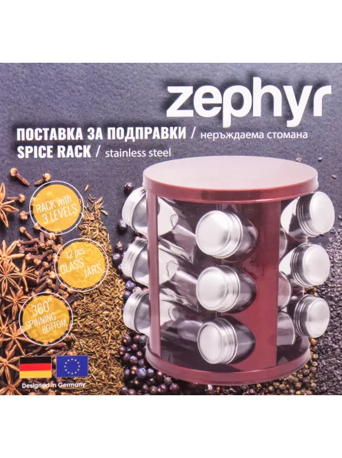 Бурканчета за подправки на стойка ZEPHYR ZP 1217 CR12 Red Metallic, 12 бр. бурканчета, 3 нива, Въртяща се основа, Червен - Код G8819
